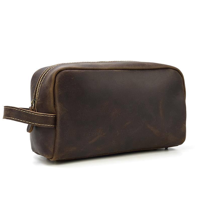 Angle. Steel Horse Leather - The Wanderer Toiletry Bag | Genuine Leather Toiletry Bag - Dark Brown.