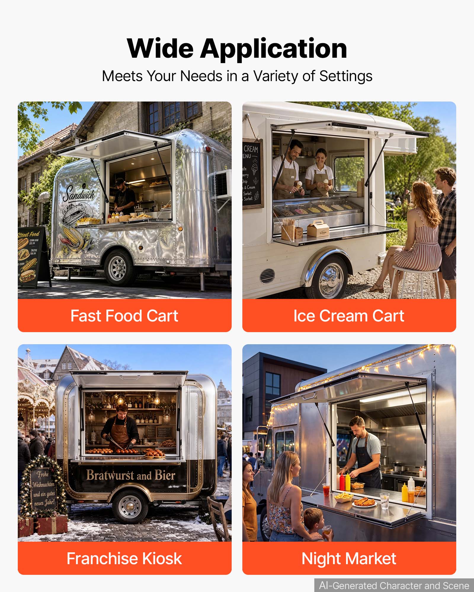 Wide Application Meets Your Needs in a Variety of Settings

Sandwich CREAM ENU & d aTy S Geon Sebe Sorbet Chnef Food

Fast Food Cart Ice Cream Cart

Frohe Widknachten und ein gutes Weihnachtsfest! Bratwurst and Bier

Franchise Kiosk Night Market

AI-Generated Character and Scene