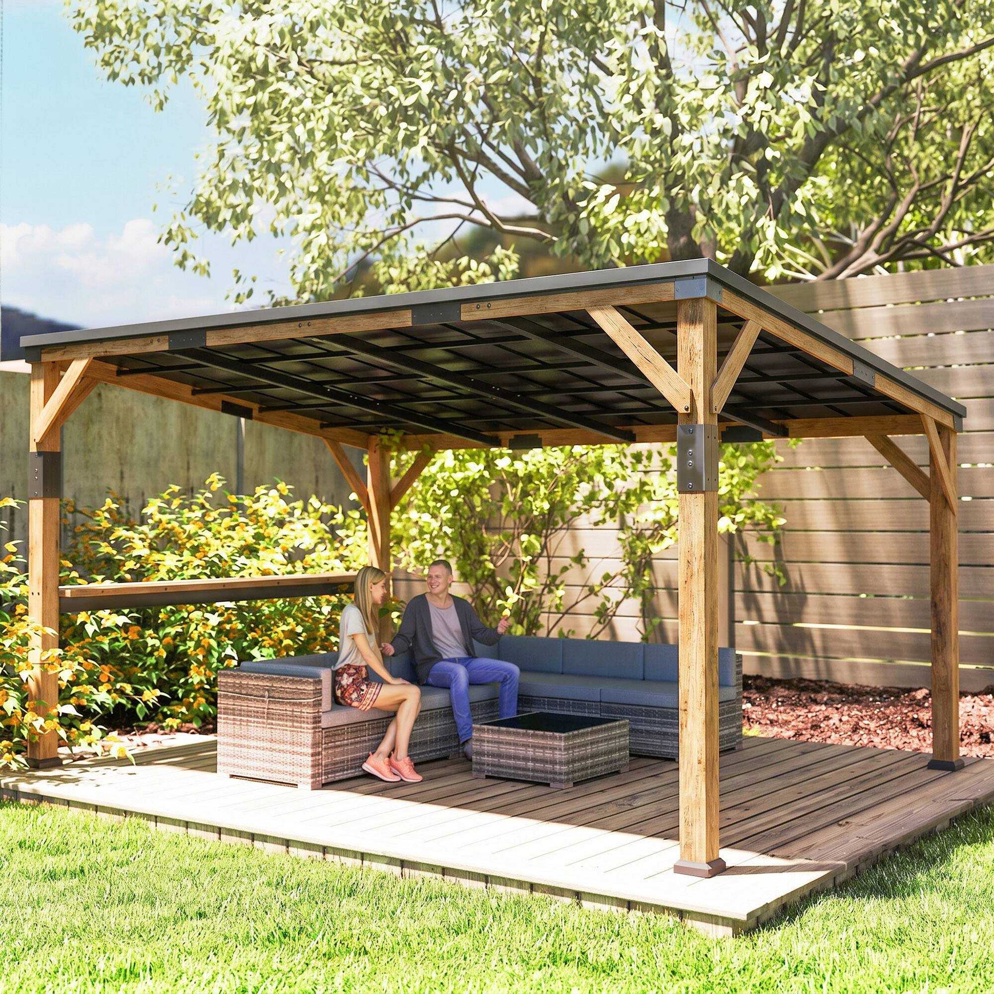 Alt View 8. Outsunny - x 14' Wooden Gazebo, Hardtop Lean-to Gazebo Pergola with Galvanized Steel Sloped Roof, Bar Shelf.