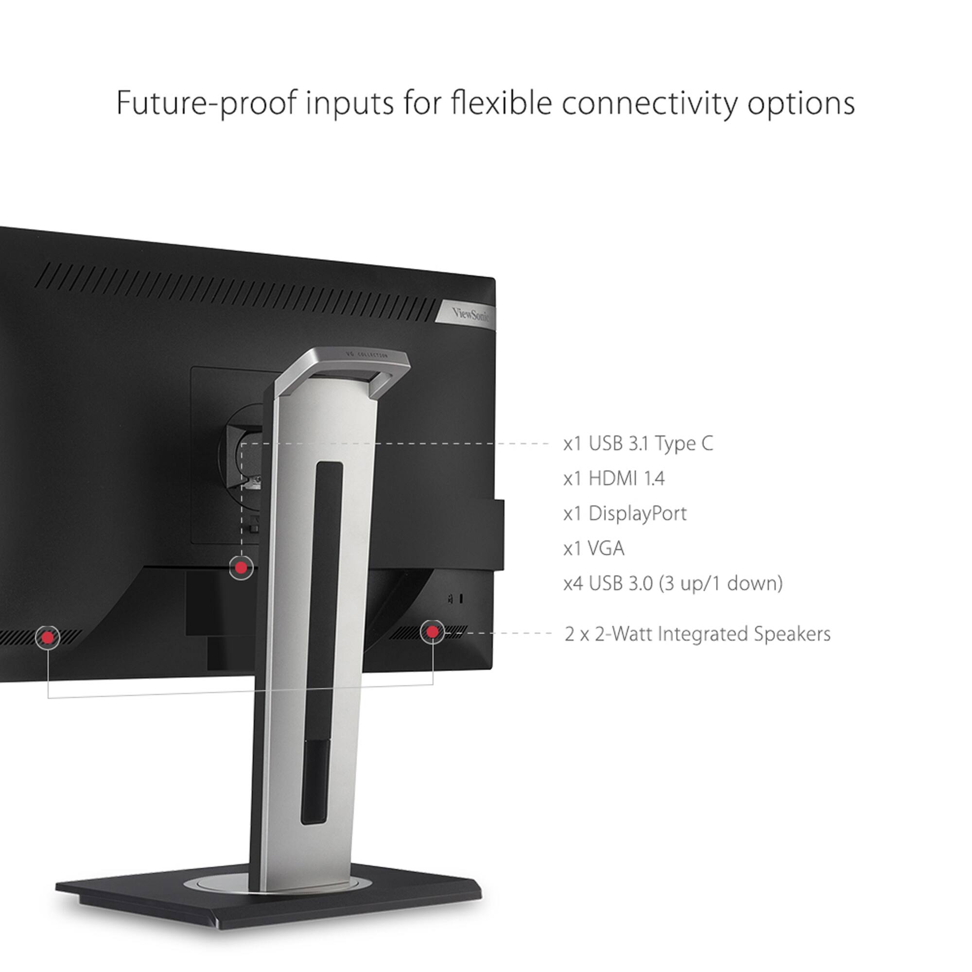 Future-proof inputs for flexible connectivity options. ViewSonic - CA i1 x1 USB 3.1 Type C x1 HDMI 1.4 x1 DisplayPort x1 VGA x4 USB 3.0 (3 up/1 down) 2 x 2-Watt Integrated Speakers.