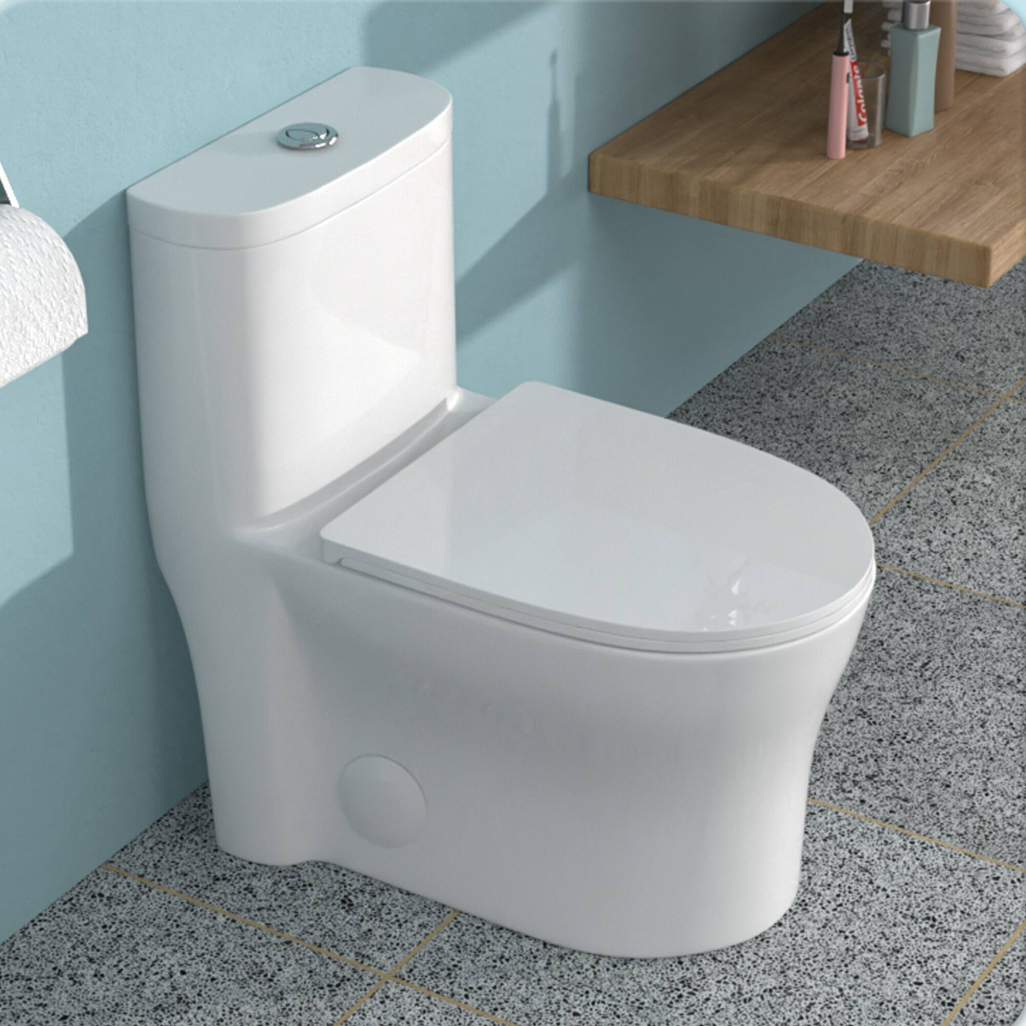 Left. TinyHomie - Ceramic One Piece Toilet for Bathroom 12 inch Rough Dual Flush with Soft Closing Seat Powerful Dual Flush - White.