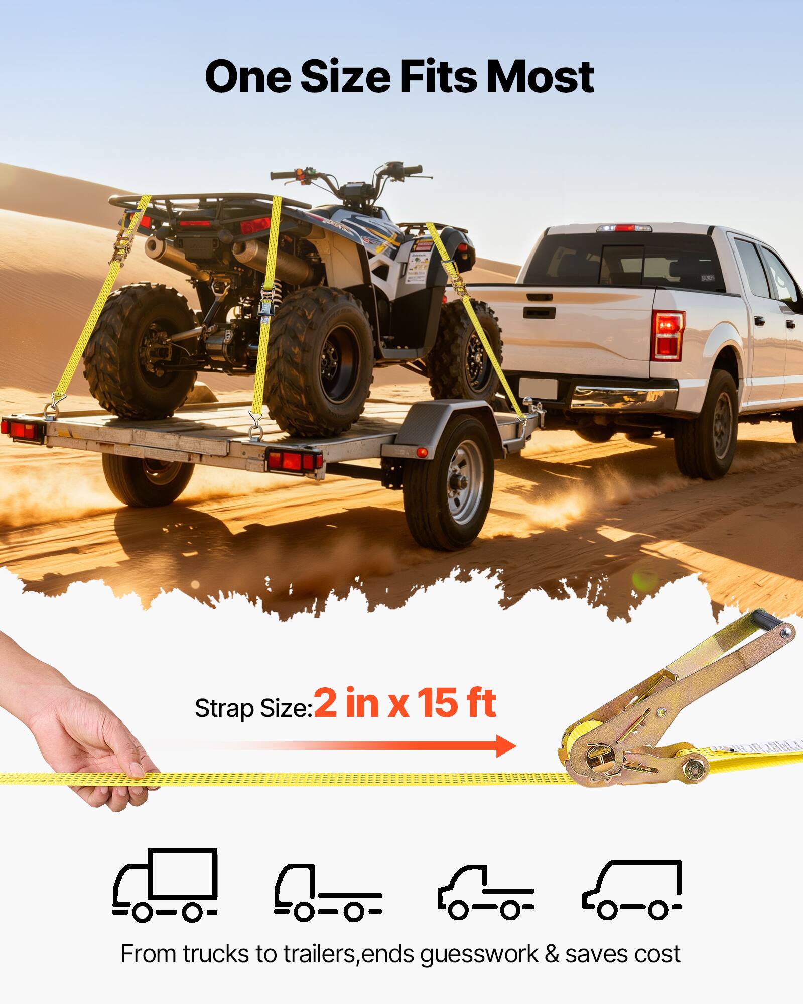 One Size Fits Most

Strap Size: 2 in x 15 ft

From trucks to trailers, ends guesswork & saves cost