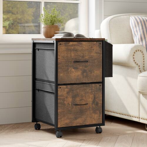 Alt View 1. Winado - Mobile Wood 2-Drawer Rolling Organizer File Cabinet with with 2 Fabric Drawers, Side Bag Under-Desk Storage for Office - Rustic Brown.