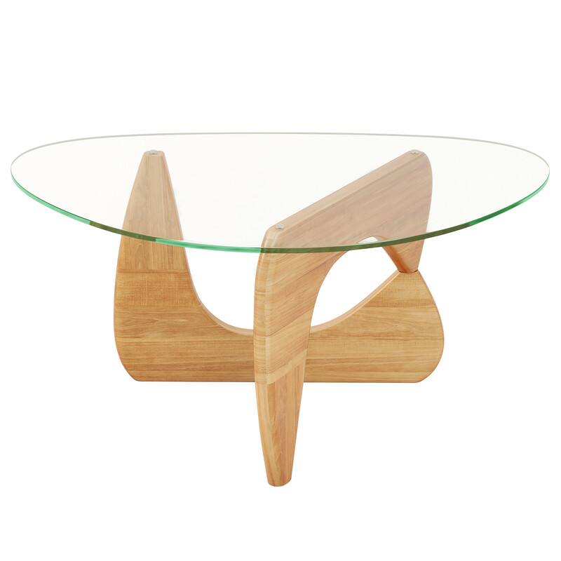 Angle. WELLFOR - Minimalist Triangle Coffee Table with Tempered Glass Top & Adjustable Base，Novelty Center Table for Living Room - Natural.