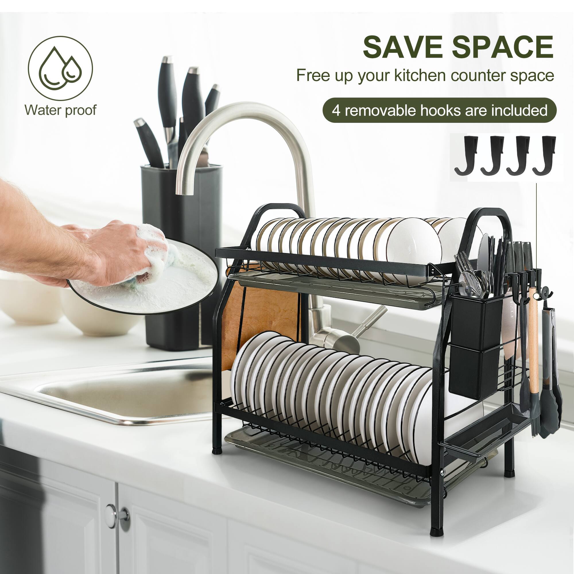SAVE SPACE  
Free up your kitchen counter space  
4 removable hooks are included  

Water proof