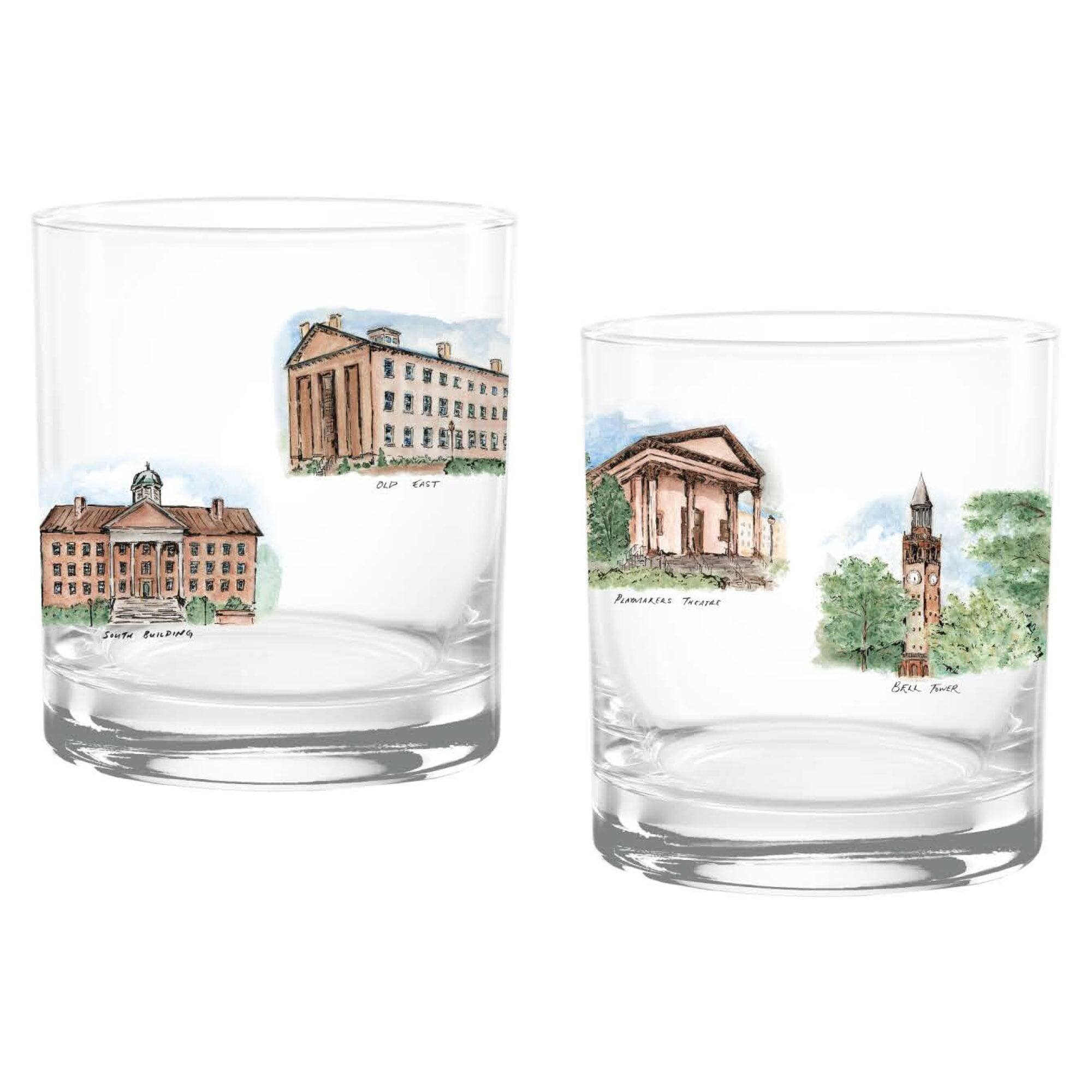 Sure, here is the corrected and grouped text from the image:

**Left Glass:**
- OLD EAST
- SOUTH BUILDING

**Right Glass:**
- BRYANT TOWER
- BRYANT TOWER