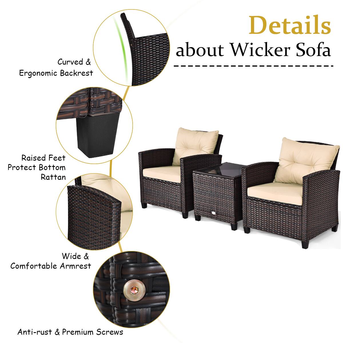 Details about Wicker Sofa: Curved & Ergonomic Backrest, Raised Feet, Protect Bottom Rattan, Wide & Comfortable Armrest, Anti-rust & Premium Screws.