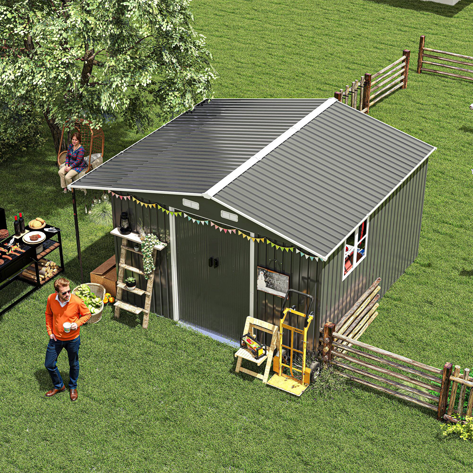 Alt View 1. Anysun - 10x12ft Metal Storage Shed with Lockable Doors, Windows & Sliding Door with Ramp, Dual-Zone Design for Backyard or Patio - Dark Gray.