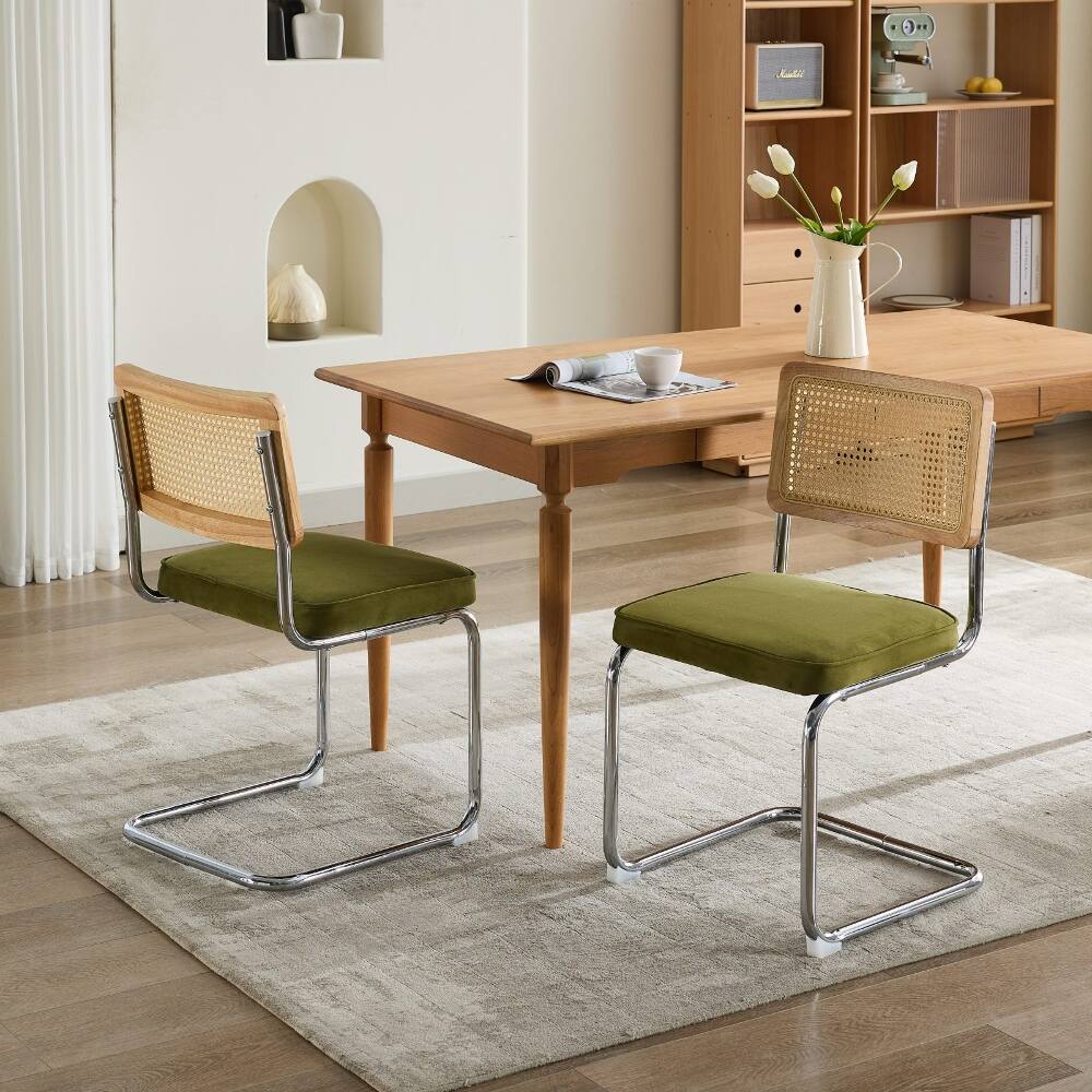 Alt View 8. Loheer - Loheer Mid-Century Dining Chairs Set of 2, Olive Green Velvet Rattan Back Chairs with Chrome Base - Olive-Green.
