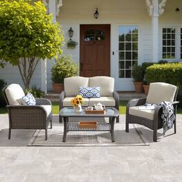 Ovios - 4 PCS Patio Furniture Set, Outdoor Wicker Sofa with Armchairs & Coffee Table for Garden - Beige