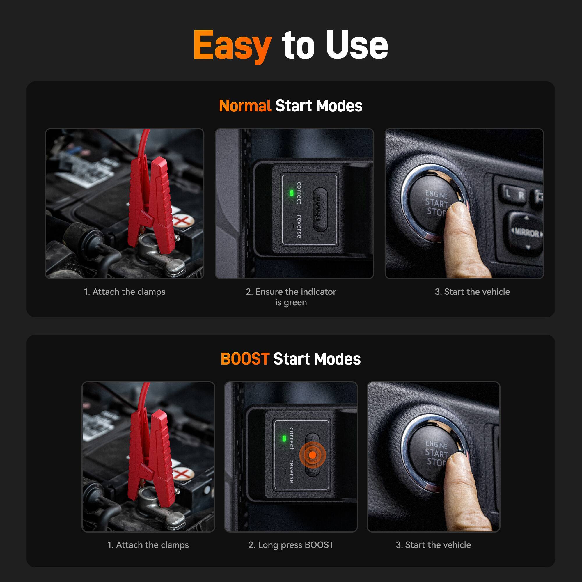 Easy to Use

**Normal Start Modes**
1. Attach the clamps
2. Ensure the indicator is green
3. Start the vehicle

**BOOST Start Modes**
1. Attach the clamps
2. Long press BOOST
3. Start the vehicle