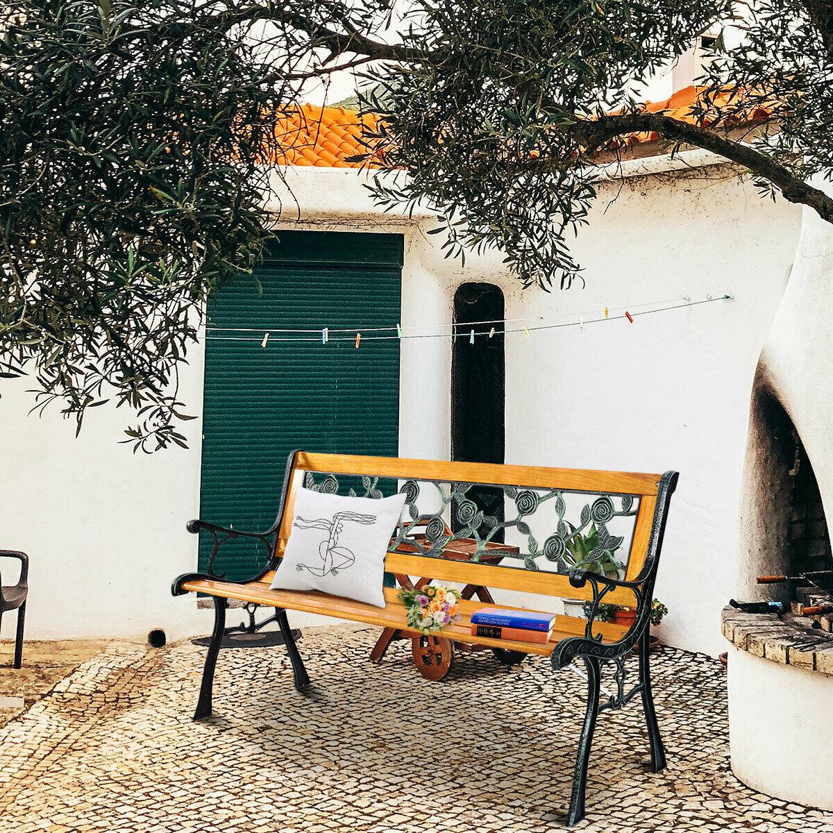 Alt View 3. Costway - Costway Patio Park Garden Bench Porch Chair Outdoor Deck Cast Iron Hardwood Rose - Yellow.