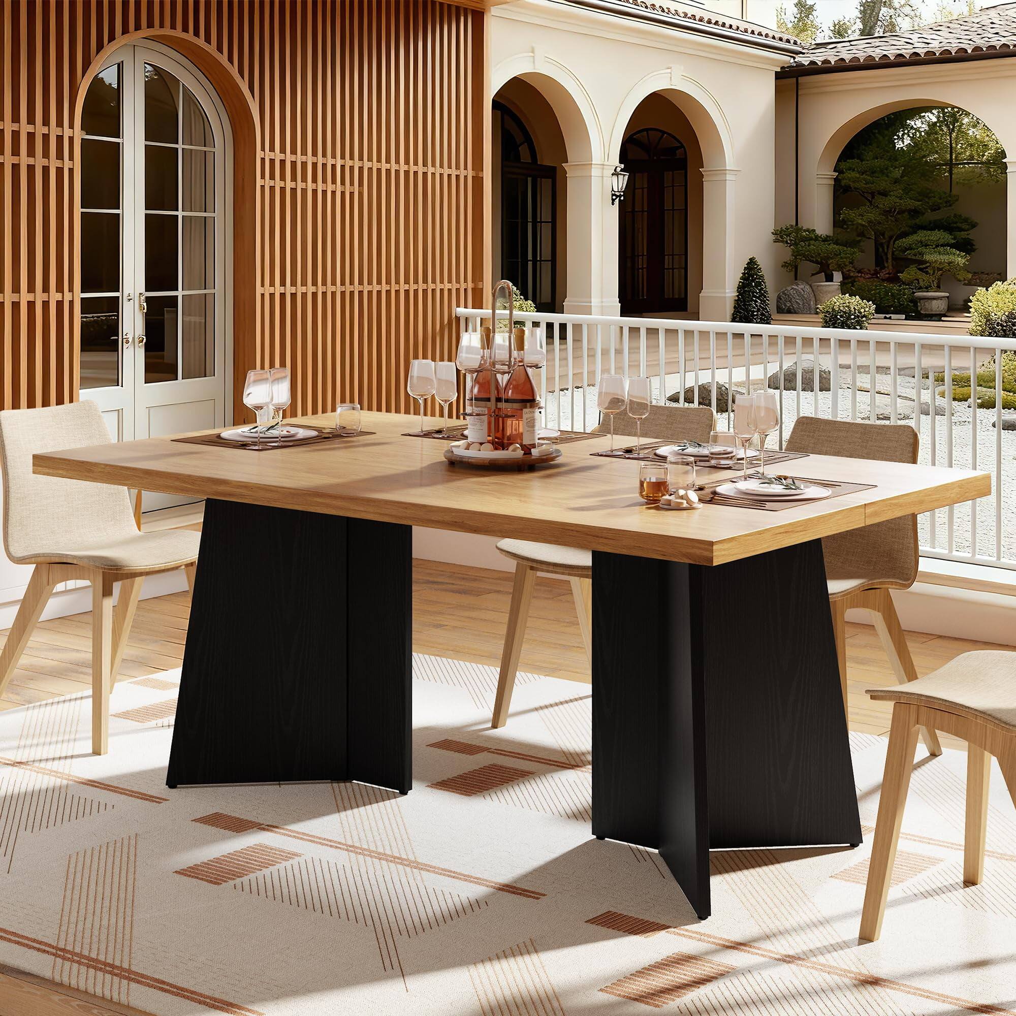 Alt View 5. Homhougo - 71-Inch Long Dining Table for 6-10 People - Modern Kitchen Table with Heavy Duty Base - Natural Wood Color + Black.