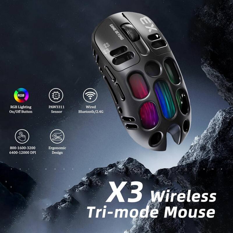 GAME BEYOND X3 RGB RGB Lighting On/Off Button PAW3311 Sensor Wired Bluetooth/2.4G 800-1600-3200 6400-12000 DPI Ergonomic Design 1 X3 Wireless Tri-mode Mouse