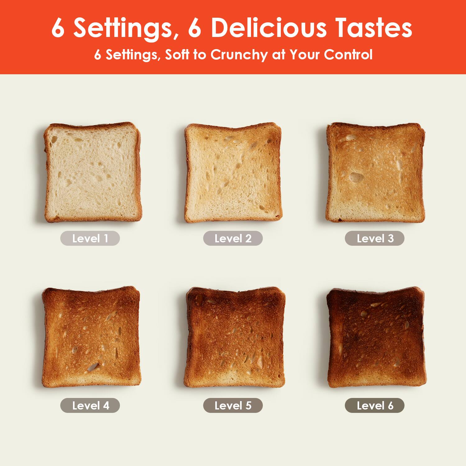 6 Settings, 6 Delicious Tastes  
6 Settings, Soft to Crunchy at Your Control  

Level 1  
Level 2  
Level 3  
Level 4  
Level 5  
Level 6