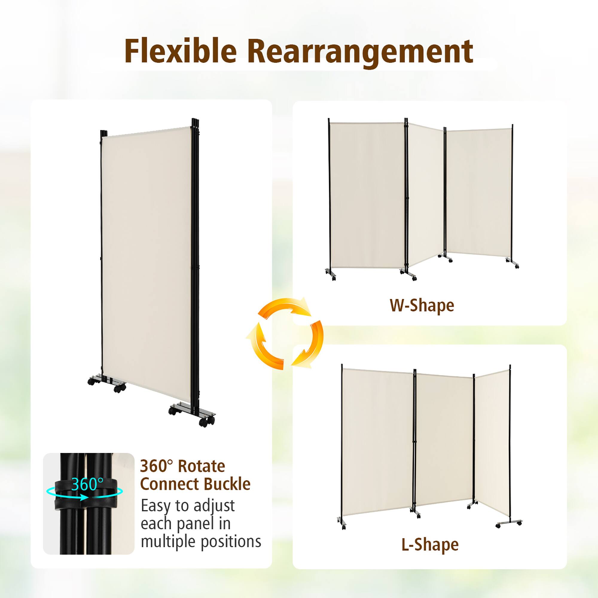 Flexible Rearrangement

W-Shape

360° Rotate Connect Buckle
Easy to adjust each panel in multiple positions

L-Shape