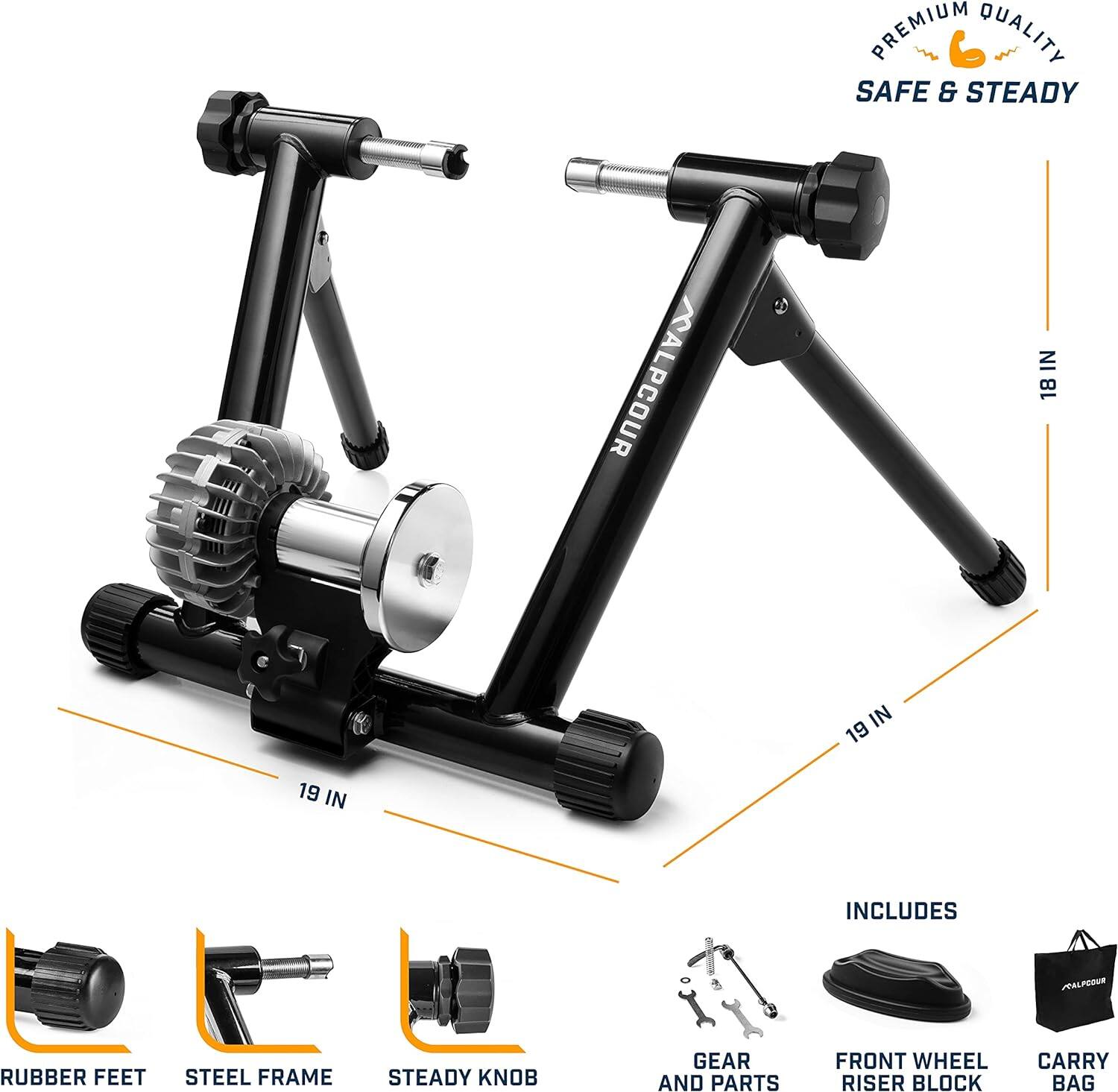 The corrected text is:

"PREMIUM QUALITY SAFE & STEADY ALPCOUR IN 18 IN 19 IN INCLUDES MALPEDER RUBBER FEET STEEL FRAME STEADY KNOB GEAR AND PARTS FRONT WHEEL RISER BLOCK CARRY BAG"