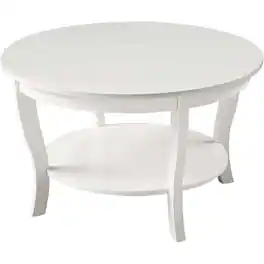 FurniFact - Round Coffee Table with Shelf, MDF and Solid Rubberwood Construction - White