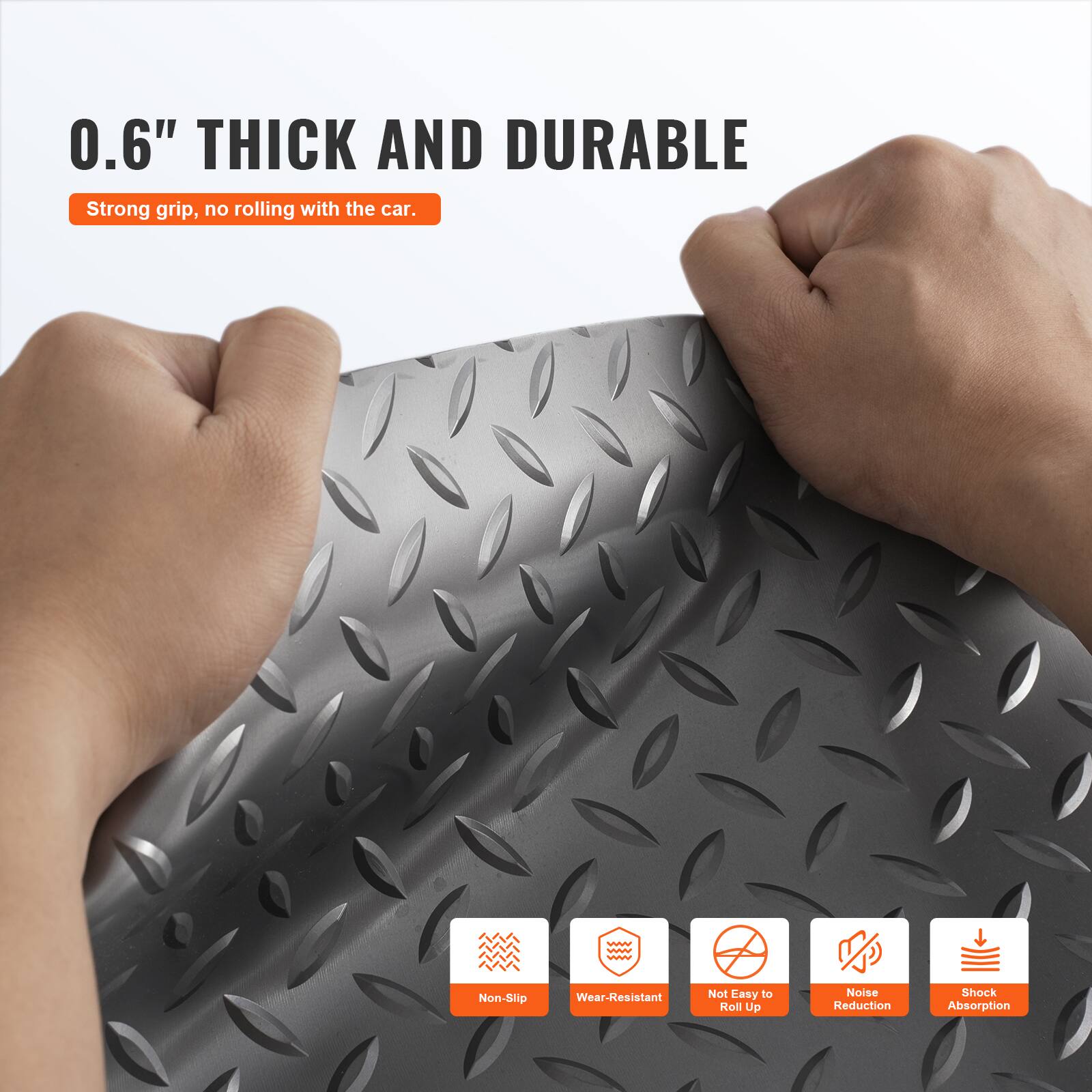 0.6" THICK AND DURABLE  
Strong grip, no rolling with the car.

- Non-Slip
- Wear-Resistant
- Not Easy to Roll Up
- Noise Reduction
- Shock Absorption