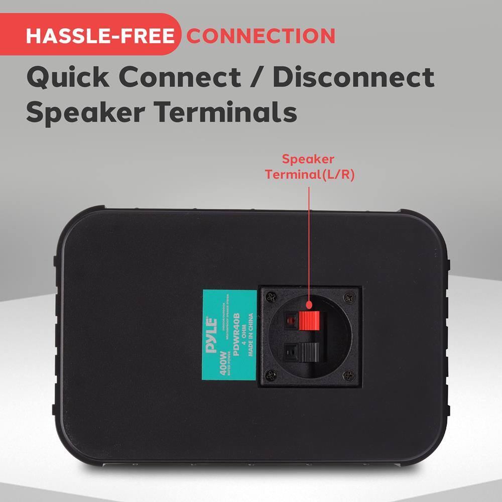 HASSLE-FREE CONNECTION  
Quick Connect / Disconnect  
Speaker Terminals  
Speaker Terminal (L/R)  
CHINA  
PYLE PDWR40B  
400W  
MADE IN CHINA