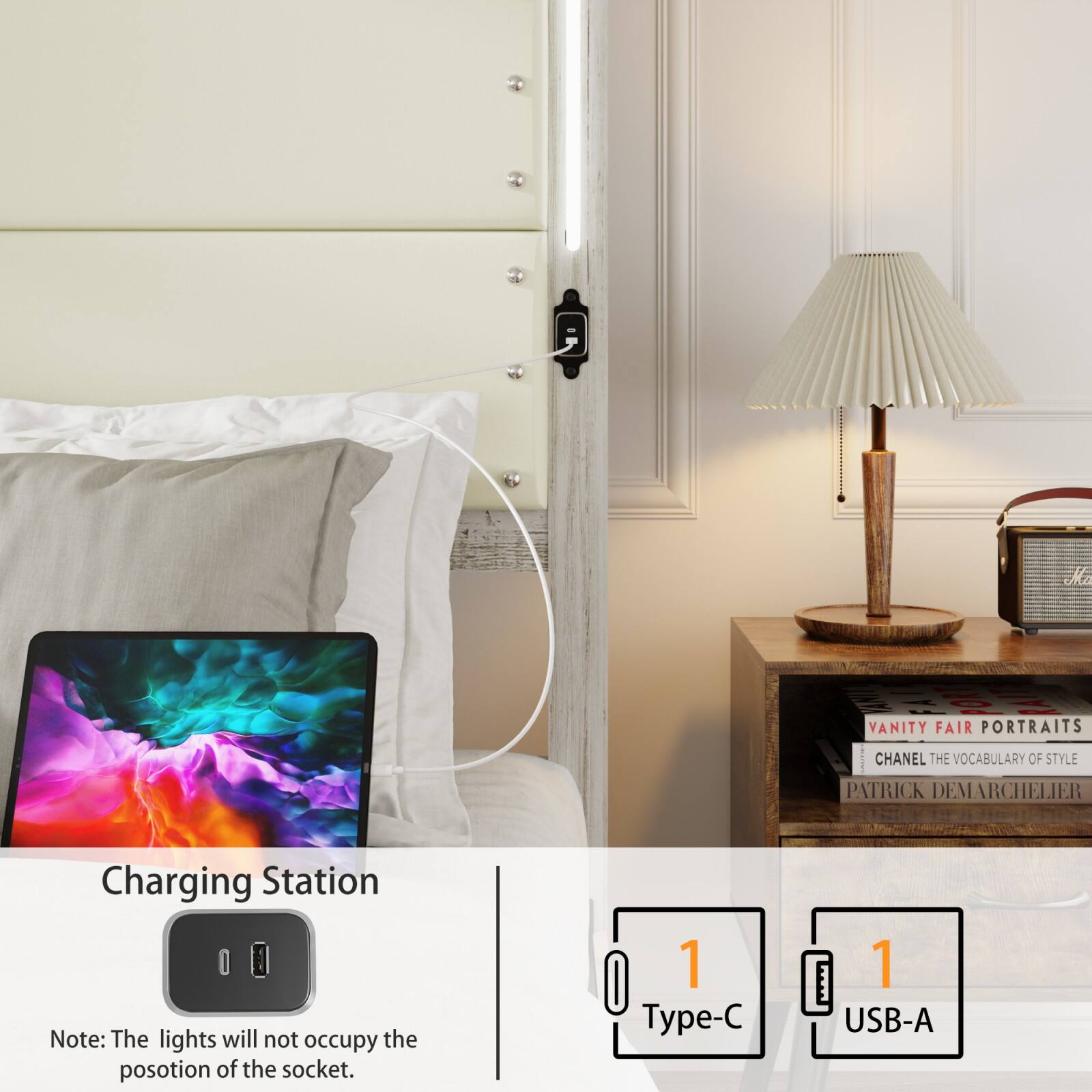 Charging Station

Note: The lights will not occupy the position of the socket.

1 Type-C

1 USB-A