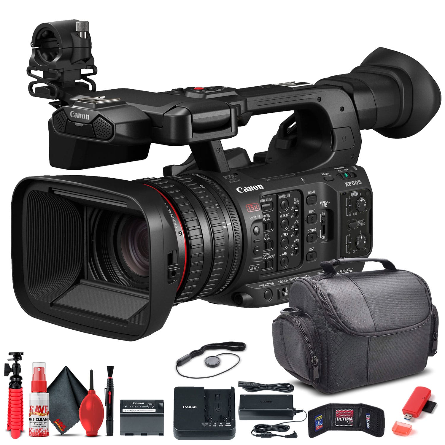 Canon - XF605 UHD 4K HDR Pro Camcorder (5076C002) + Bag + Card Reader + More Bundle (International Version)