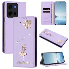 Dteck - 3D Bling Ballerina Wallet Case for Motorola Moto G Play (2026), RFID Blocking PU Leather Flip Cover with Card Slots - Purple