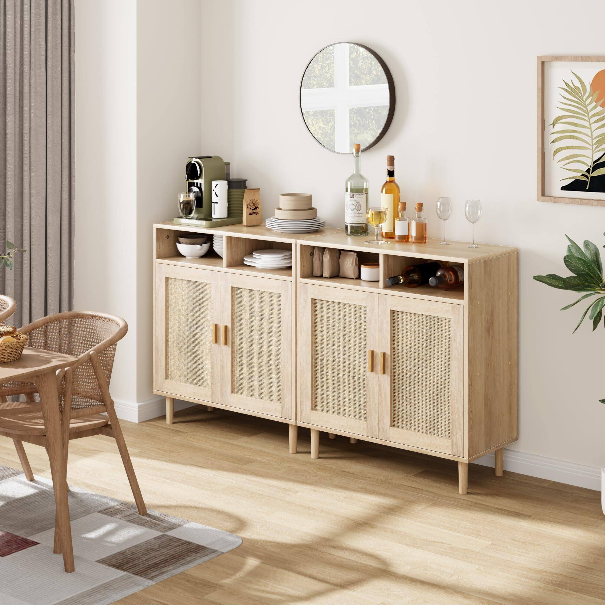 Alt View 3. Jojoka - 36" Tall Rattan Buffet Cabinet with 2 Doors & Shelf, Wood Sideboard Cabinet for Entryway, Boho Coffee Cabinet - Natural.