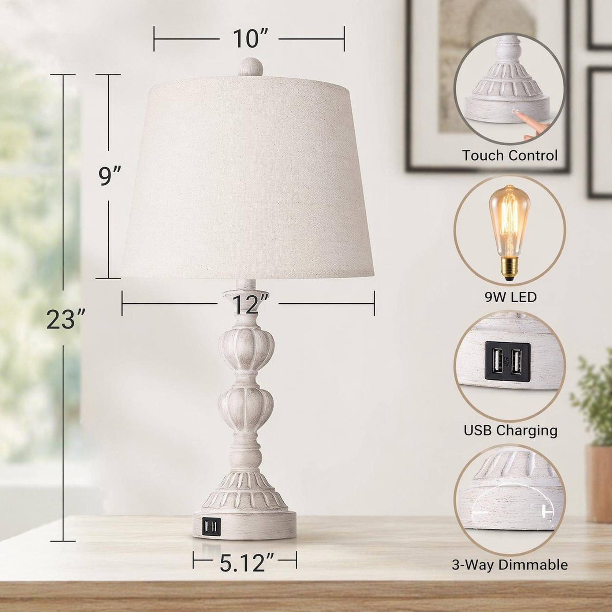 10"  
9"  
Touch Control  
23"  
12"  
9W LED  
USB Charging  
5.12"  
3-Way Dimmable