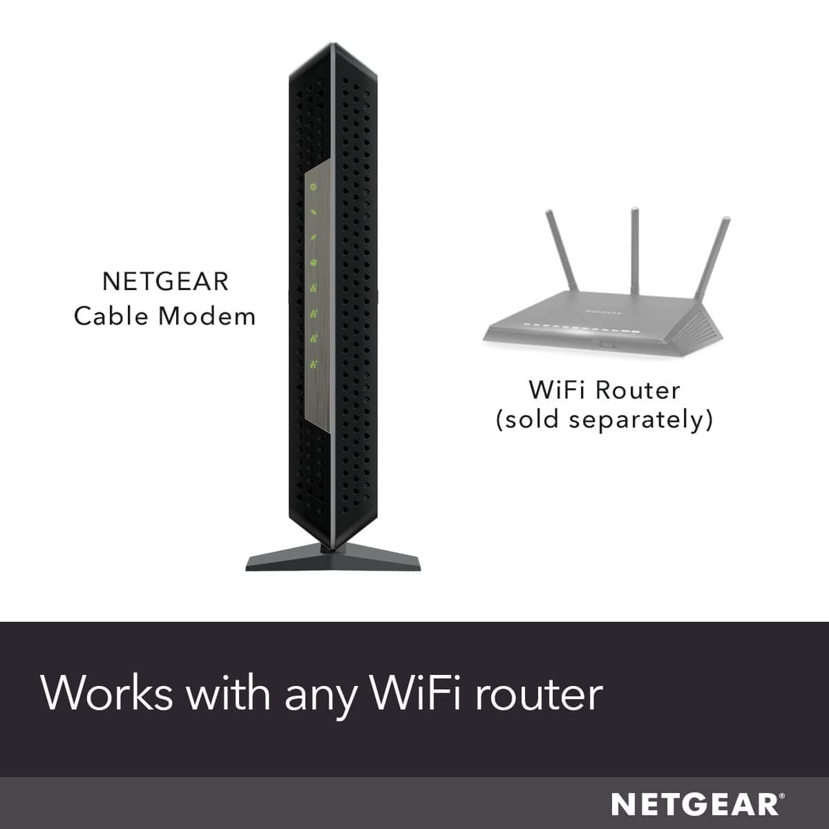 NETGEAR Cable Modem IOCCN WiFi Router (sold separately) Works with any WiFi router NETGEAR