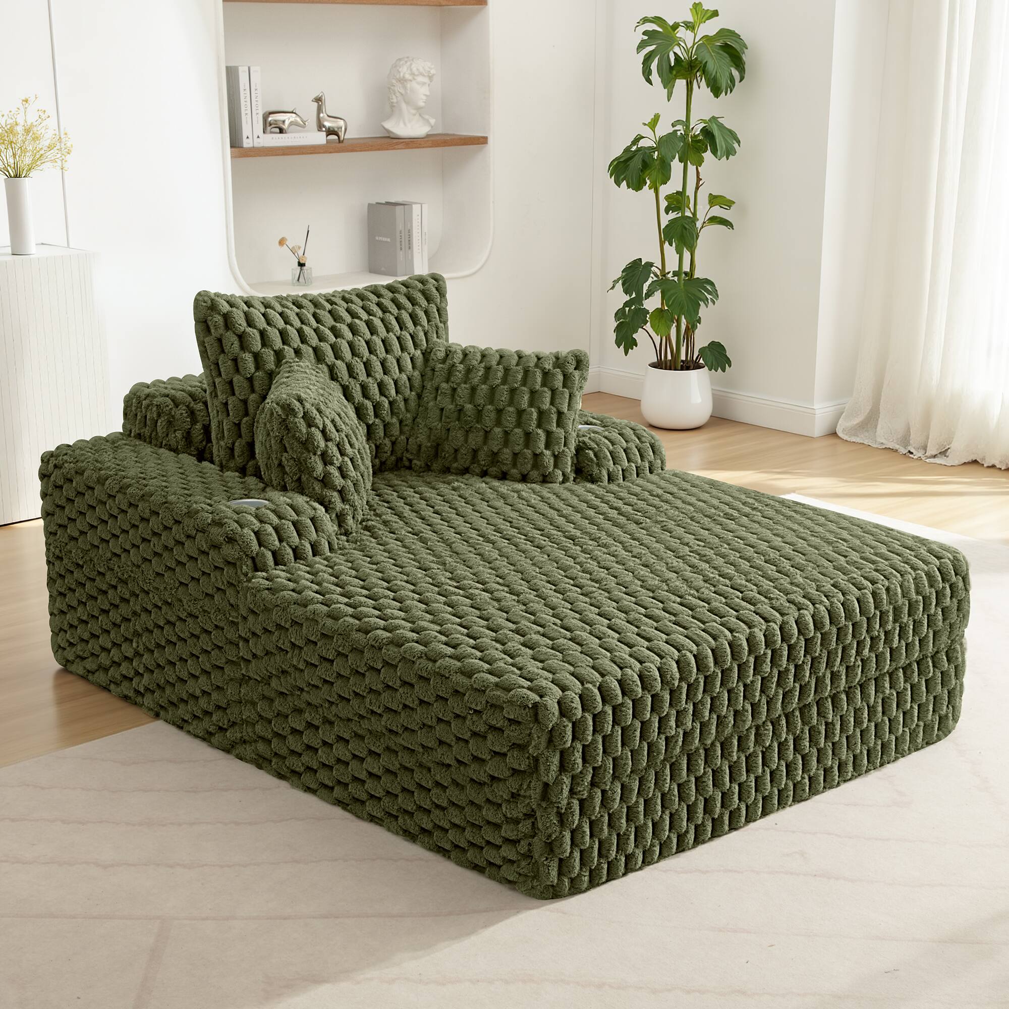 Alt View 5. KERDOM - Single Sofa Bed Chaise Lounge Couch, Plush Floor Sofa Sleeper with Pillows, Cup Holder, Side Pouch, No Need Assembly - Green.
