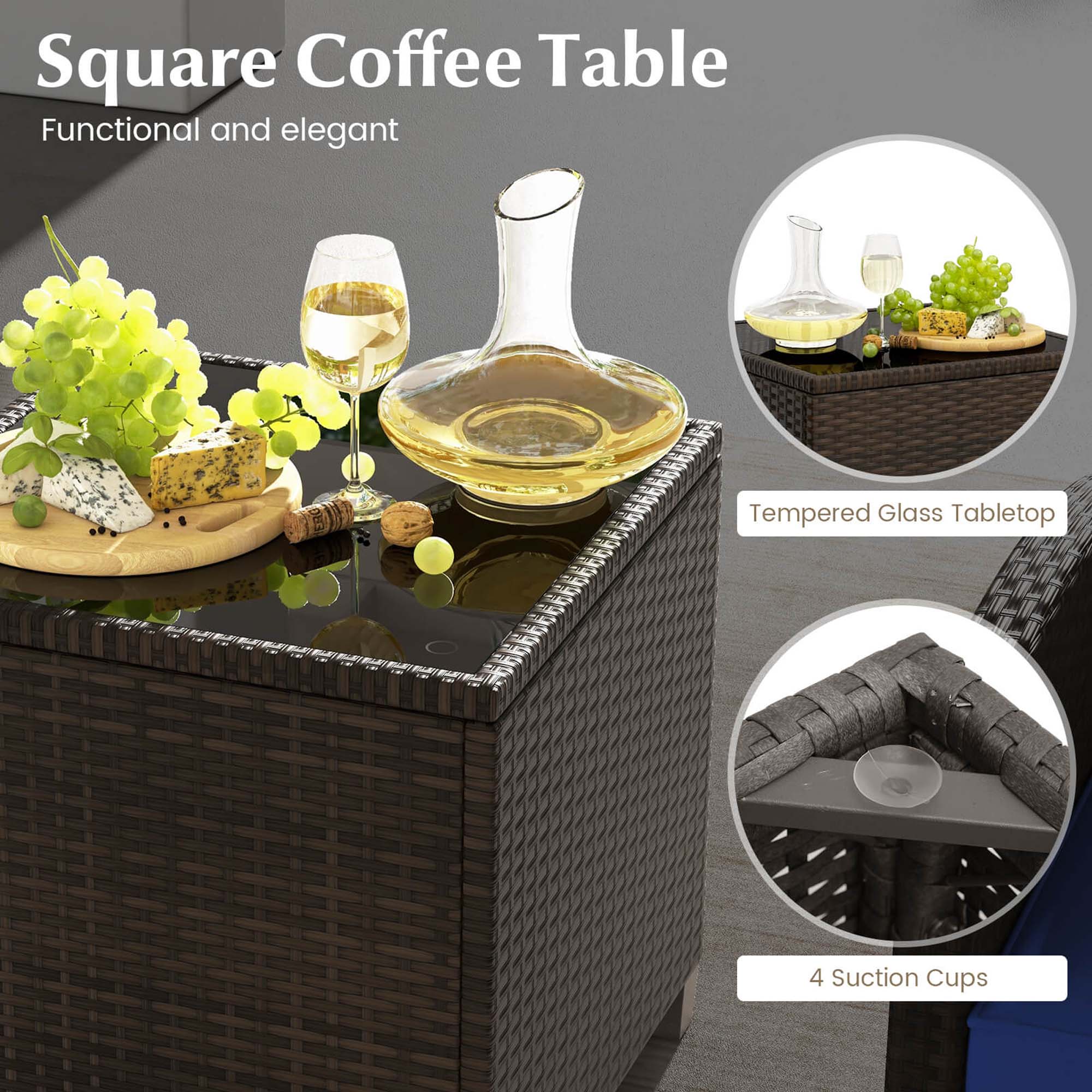 Square Coffee Table Functional and elegant Tempered Glass Tabletop 4 Suction Cups