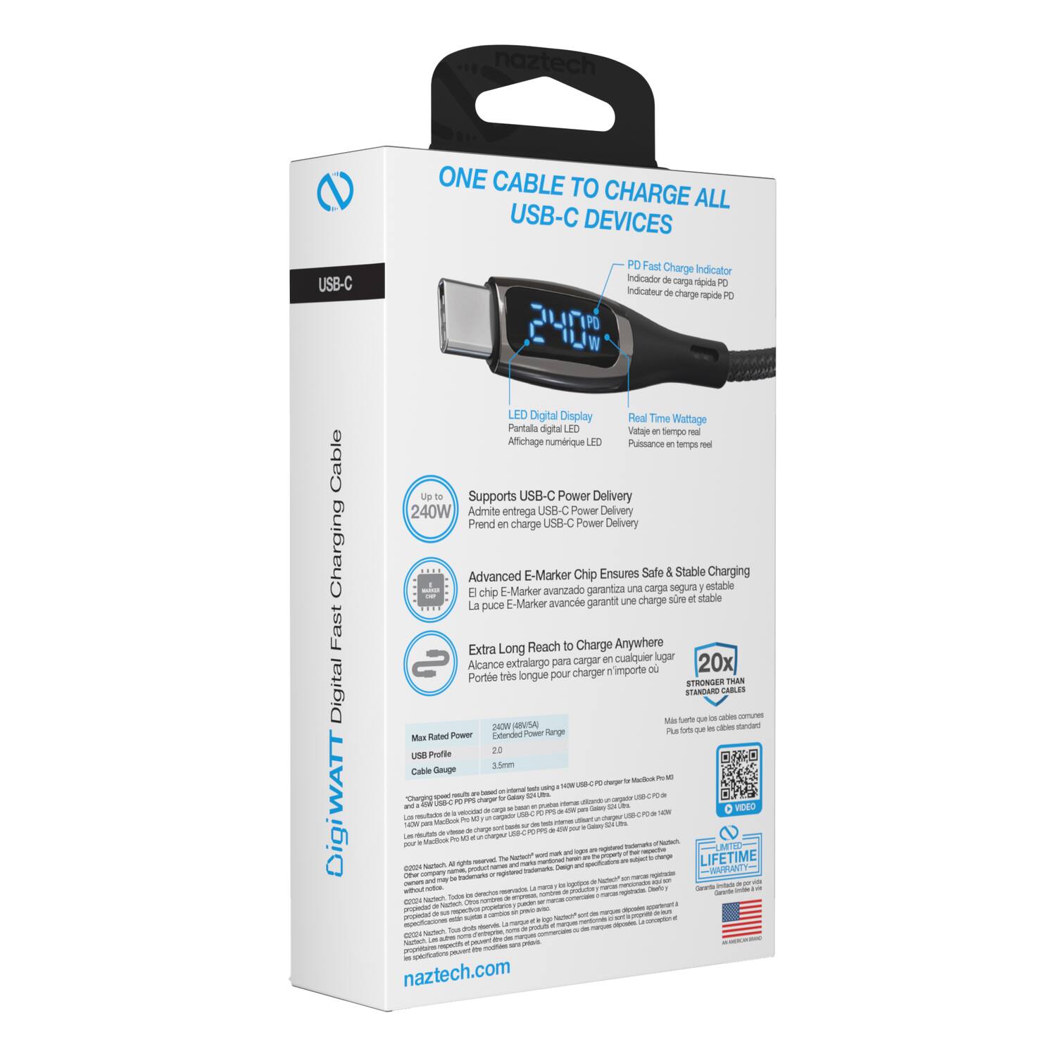 ONE CABLE TO CHARGE ALL USB-C DEVICES

USB-C PD Fast Charge Indicator
Indicador carga rápida
Indicateur charge rapide

Cable Charging Fast Digital
DigiWATT LED Digital Display Real Time Wattage
Partala digital
LEO Vataje Tempo
Affichage numérique
LEO Pulssance temps

Supports USB-C Power Delivery 240W
Admite entrega USB-C Power Delivery
Prend charge USB-C Power Delivery

Advanced E-Marker Chip Ensures Safe & Stable Charging
E-Marker avanzado garantiza una carga segura y estable
La puce E-Marker avance garantit une charge sûre

Extra Long Reach to Charge Anywhere
Alcance extralargo para cargar cualquier lugar
Portée très longue pour charger importe
Portée extralongue pour charger partout

20x Stronger Than Standard Cables
20x más fuerte que cables estándar
20x plus fort que les câbles standards

Max Rated Power
Extended Power Range
USB Profile
Cable Gauge
3.5m

LIFETIME WARRANTY

natztech.com