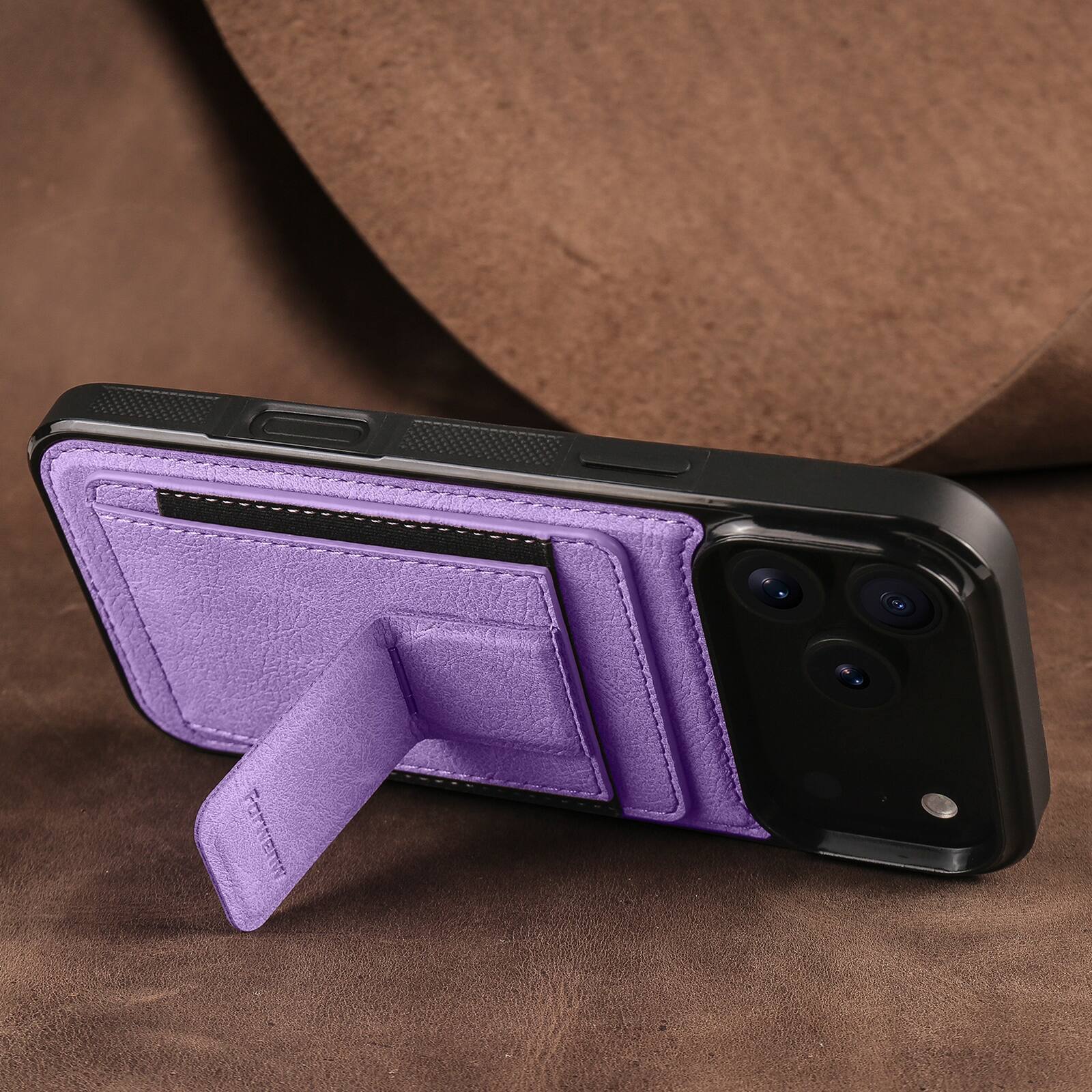 Left. Dteck - Slim Card Holder Case for Apple iPhone 17 Pro, Shockproof Wallet Protective Cover with Kickstand - Purple.