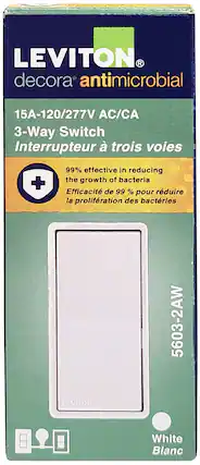 LEVITON decora antimicrobial
15A-120/277V AC/CA
3-Way Switch
Interrupteur à trois voies
99% effective in reducing the growth of bacteria
Efficacité de 99 % pour réduire la prolifération des bactéries
5603-2AW
White Blanc