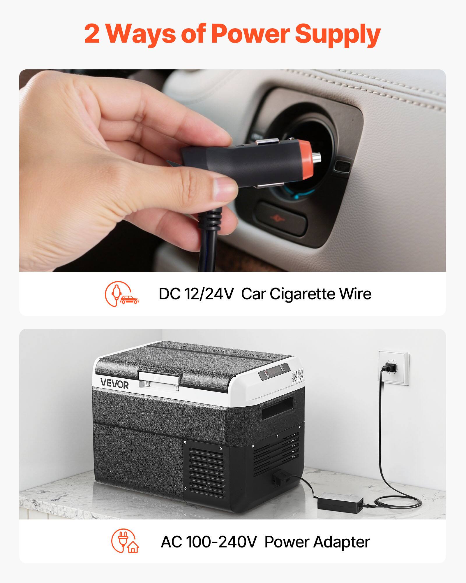 2 Ways of Power Supply
DC 12/24V Car Cigarette Wire
AC 100-240V Power Adapter
