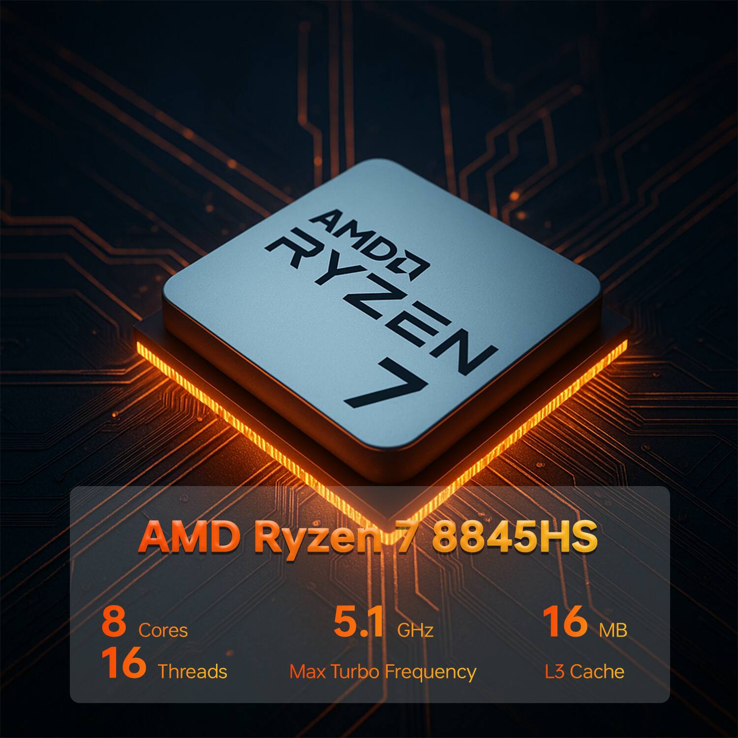 AMD Ryzen 7 8845HS  
8 Cores  
16 Threads  
5.1 GHz Max Turbo Frequency  
16 MB L3 Cache