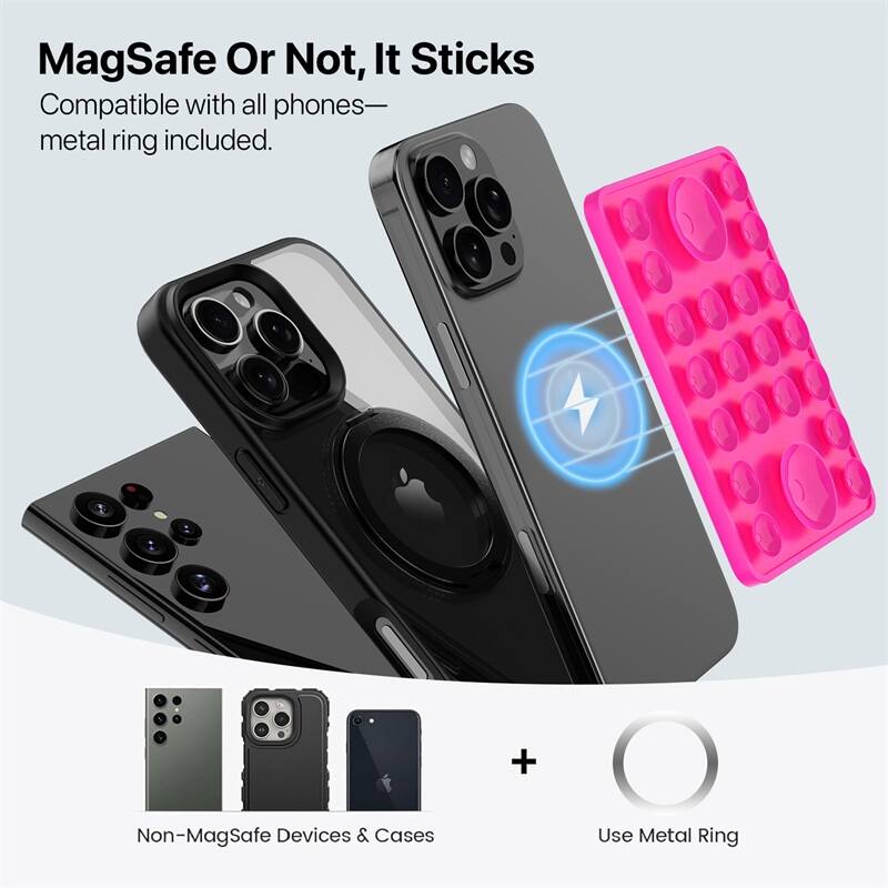 MagSafe Or Not, It Sticks Compatible with all phones— metal ring included. + Non-MagSafe Devices & Cases Use Metal Ring