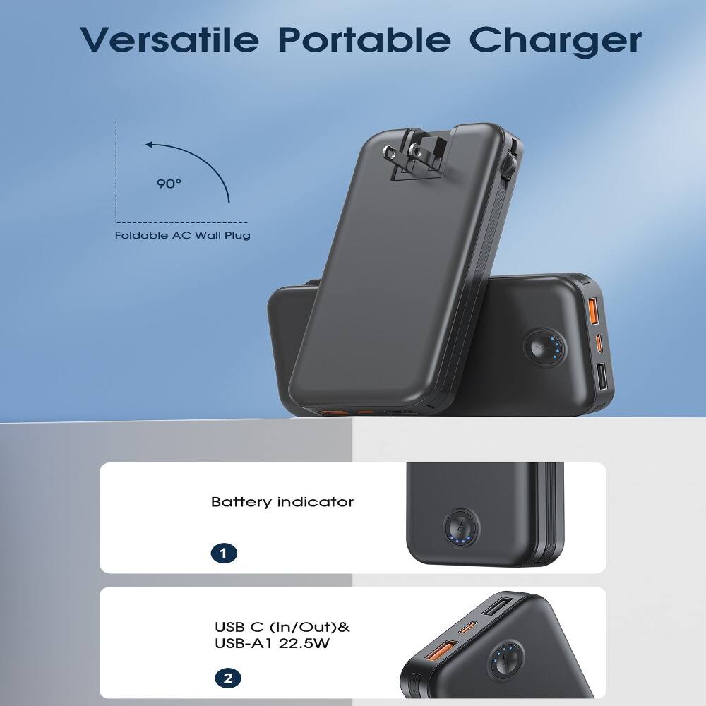 Versatile Portable Charger

90°
Foldable AC Wall Plug

Battery indicator
1

USB C (In/Out) & USB-A1 22.5W
2