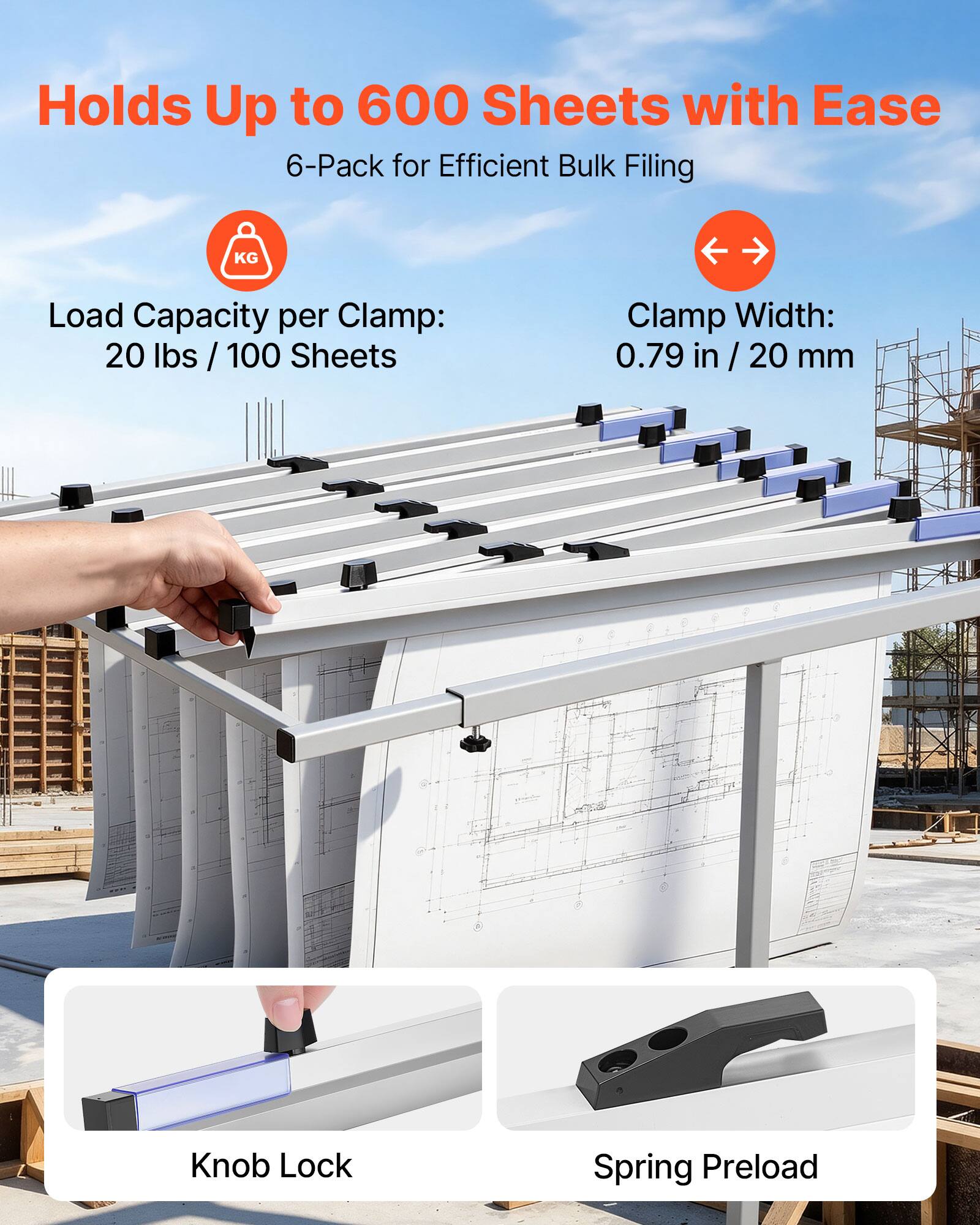 Holds Up to 600 Sheets with Ease  
6-Pack for Efficient Bulk Filing  

Load Capacity per Clamp:  
20 lbs / 100 Sheets  

Clamp Width:  
0.79 in / 20 mm  

Knob Lock  
Spring Preload