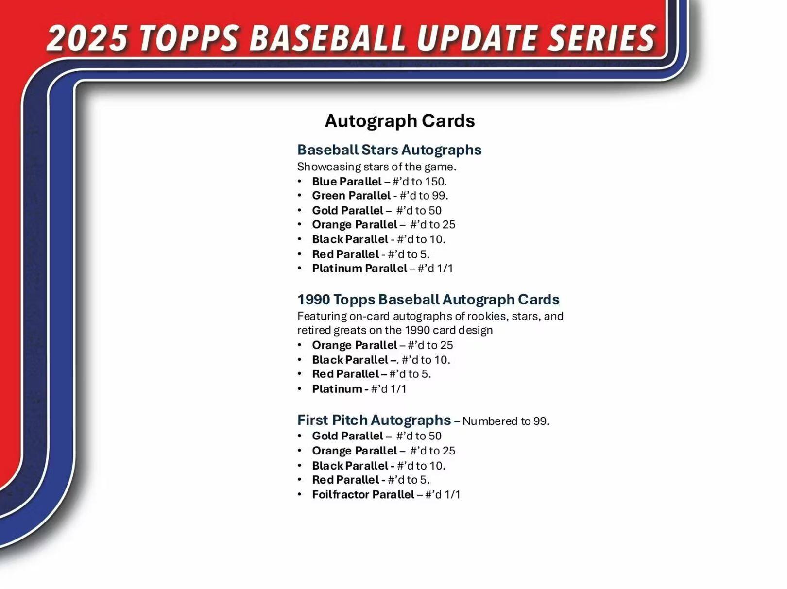 2025 TOPPS BASEBALL UPDATE SERIES

Autograph Cards

Baseball Stars Autographs  
Showcasing stars of the game.  
- Blue Parallel – #’d to 150.  
- Green Parallel – #’d to 99.  
- Gold Parallel – #’d to 50  
- Orange Parallel – #’d to 25  
- Black Parallel – #’d to 10.  
- Red Parallel – #’d to 5.  
- Platinum Parallel – #’d 1/1  

1990 Topps Baseball Autograph Cards  
Featuring on-card autographs of rookies, stars, and retired greats on the 1990 card design  
- Orange Parallel – #’d to 25  
- Black Parallel – #’d to 10.  
- Red Parallel – #’d to 5.  
- Platinum – #’d 1/1  

First Pitch Autographs – Numbered to 99.  
- Gold Parallel – #’d to 50  
- Orange Parallel – #’d to 25  
- Black Parallel – #’d to 10.  
- Red Parallel –
