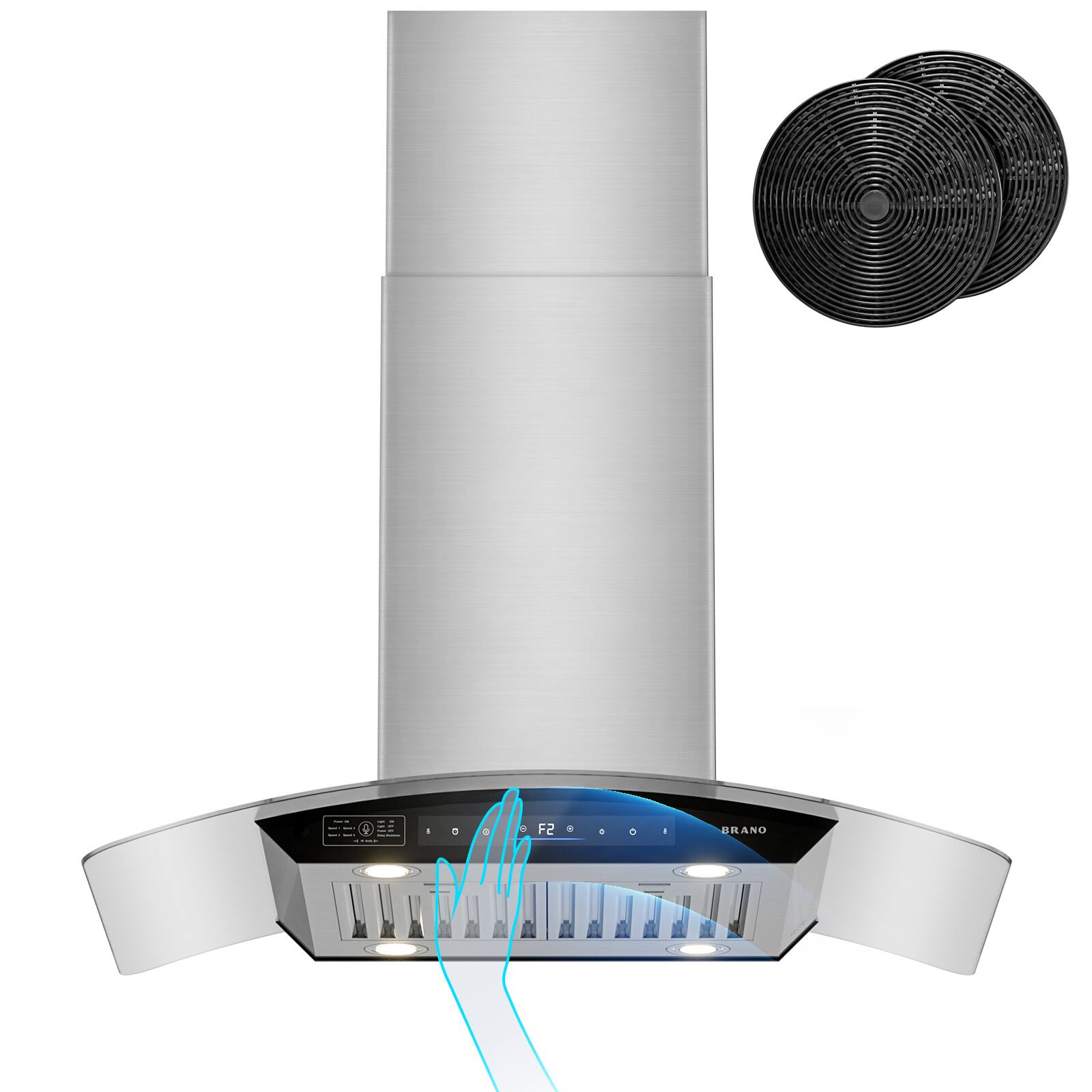 Angle. Brano - 36 Inch Island Range Hood 900 CFM Kichent Vent Hood Ductless, 4 Speed Exhaust Fan, 4 LED Lights - sliver.