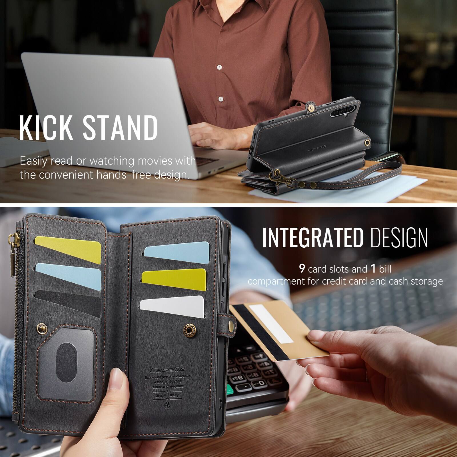 KICK STAND  
Easily read or watch movies with the convenient hands-free design.  

INTEGRATED DESIGN  
9 card slots and 1 bill compartment for credit card and cash storage