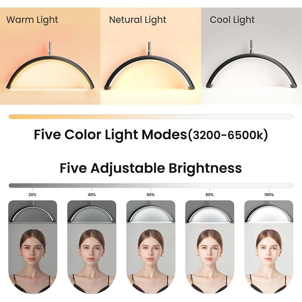 Warm Light  
Neutral Light  
Cool Light  

Five Color Light Modes (3200-6500k)  
Five Adjustable Brightness  

20%  
40%  
60%  
80%  
100%