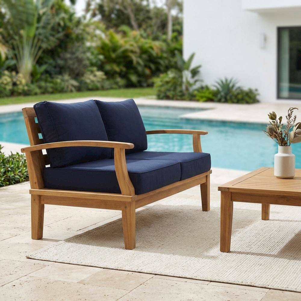 Left. Outdoor Escape - Outdoor Teak Loveseat With Cushioned Seating And Armrests For Patio Use - Blue.