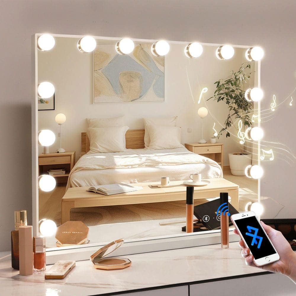 Kadyn - 22.8"x18.1" Lighted Vanity Mirror with Bluetooth Speaker, 15 LED Bulbs & USB Charge Port, White+Silver