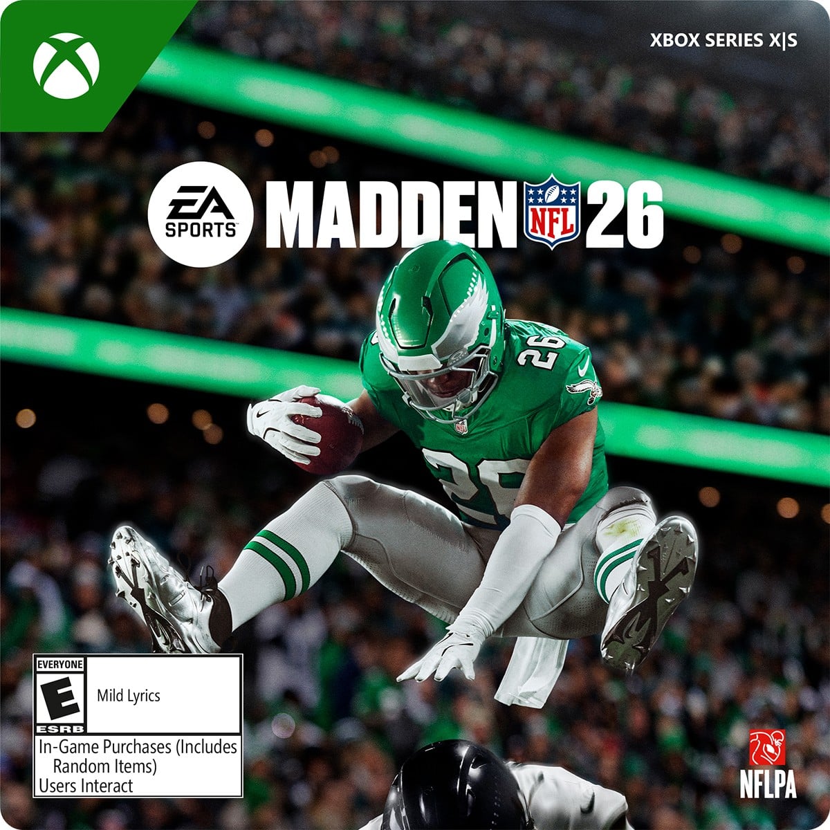 XBOX SERIES X|S, EA SPORTS, MADDEN 26, NFL, E, EVERYONE, Mild Lyrics, ESRB, In-Game Purchases (Includes Random Items), Users Interact, NFLPA