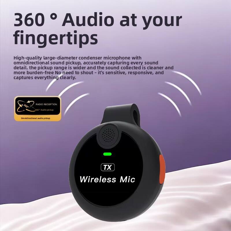 360° Audio at your fingertips

High-quality large-diameter condenser microphone with omnidirectional sound pickup, accurately capturing every sound detail. The pickup range is wider and the sound collected is cleaner and more burden-free. No need to shout – it's sensitive, responsive, and captures everything clearly.

360° RADIO RECEPTION
360° Audio pickup

Wireless Mic