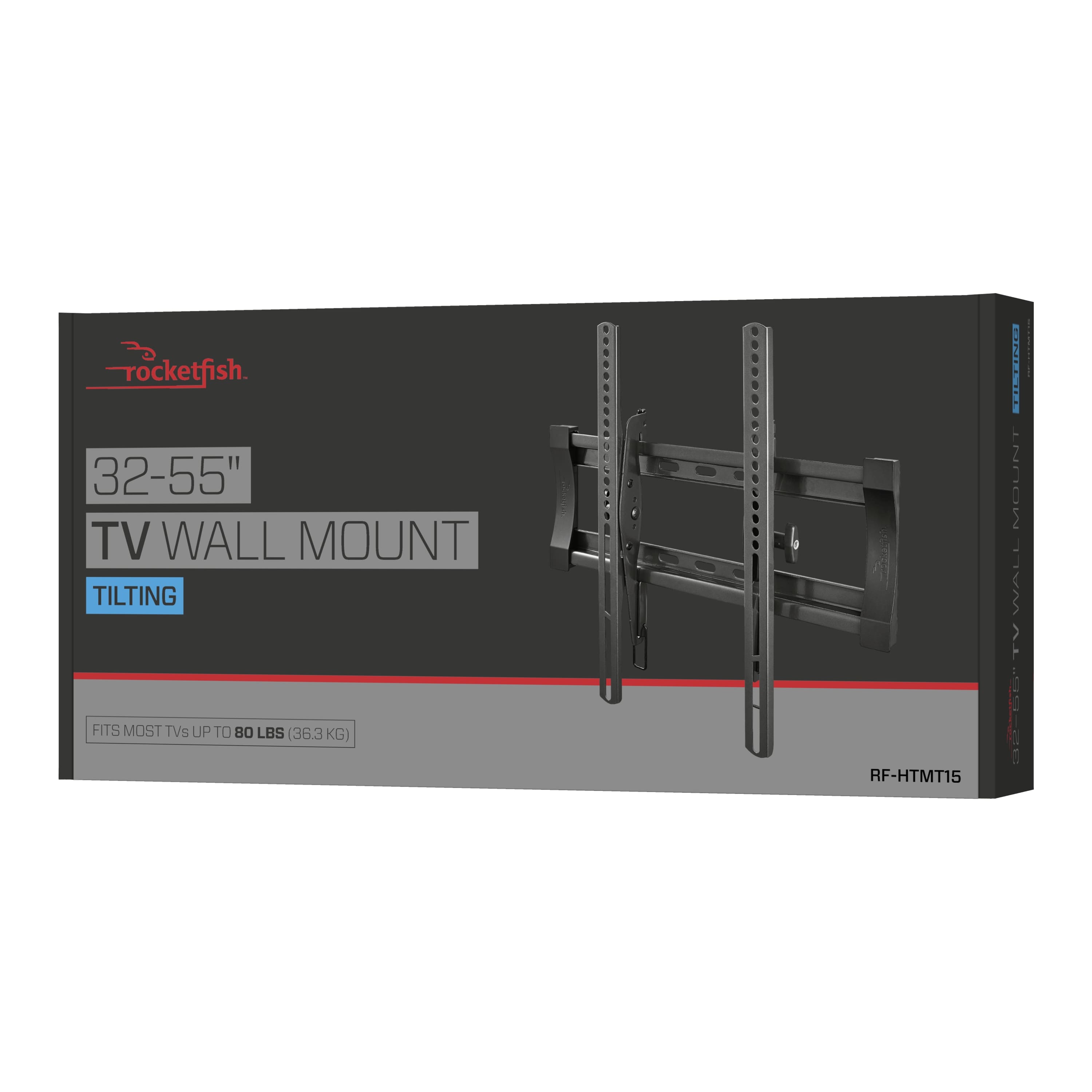 The text on the image reads "rocketfish 32-55" TV WALL MOUNT TILTING KESEEI MOUNT WALI TV FITS MOST TVs UP TO 80 LBS (36.3 KG) RF-HTMT15."