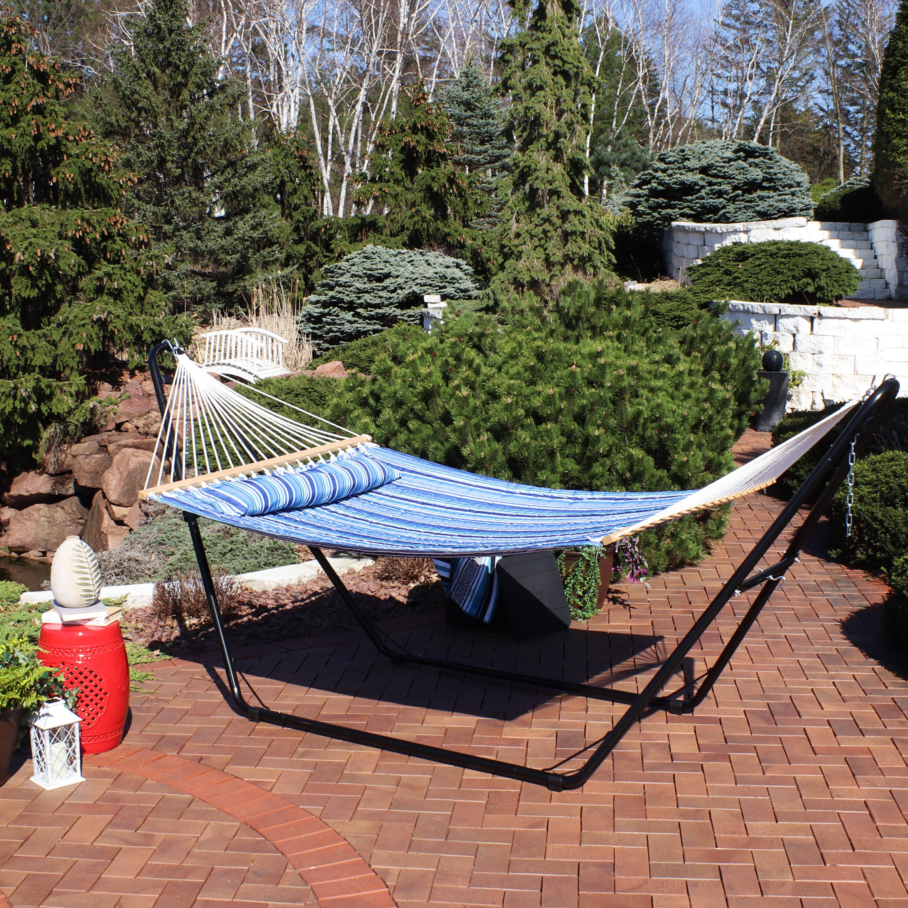 Alt View 7. Sunnydaze - Large Quilted Hammock with Universal Steel Stand - Catalina Beach.